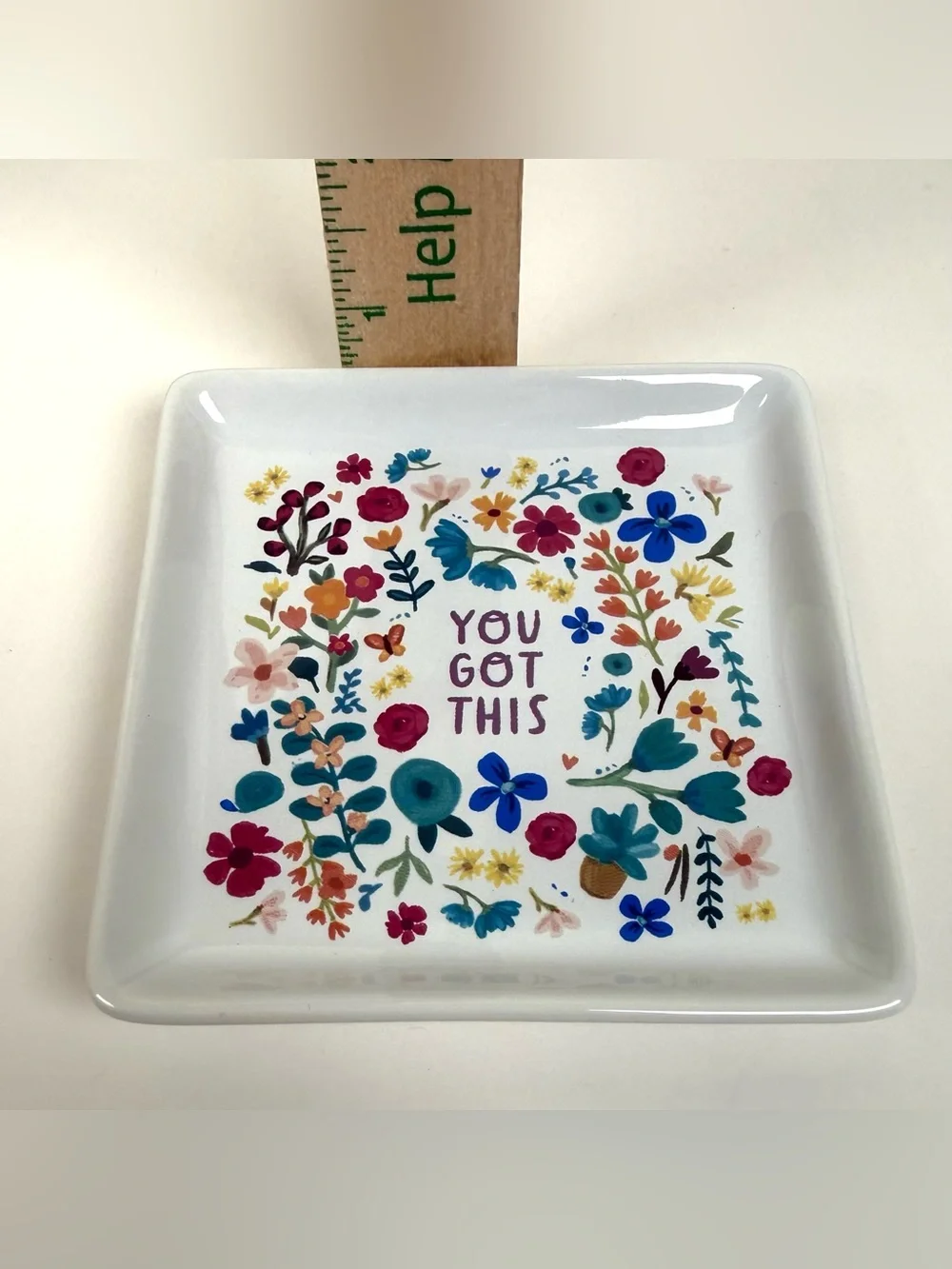Primitives by Kathy Square “You Got This” Ceramic Floral Vanity Jewelry Tray NWT